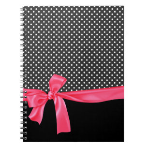 Flickaktigt svart polka dots & neonrosapilbåge anteckningsbok med spiral