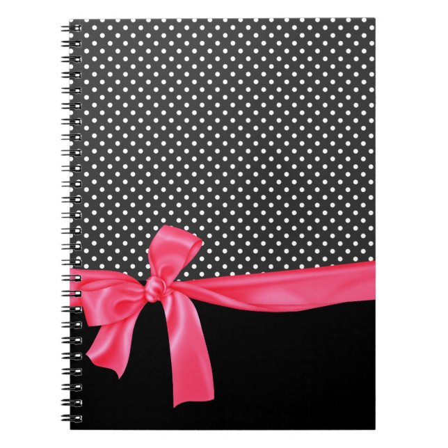 Flickaktigt svart polka dots & neonrosapilbåge anteckningsbok med spiral (Framsidan)