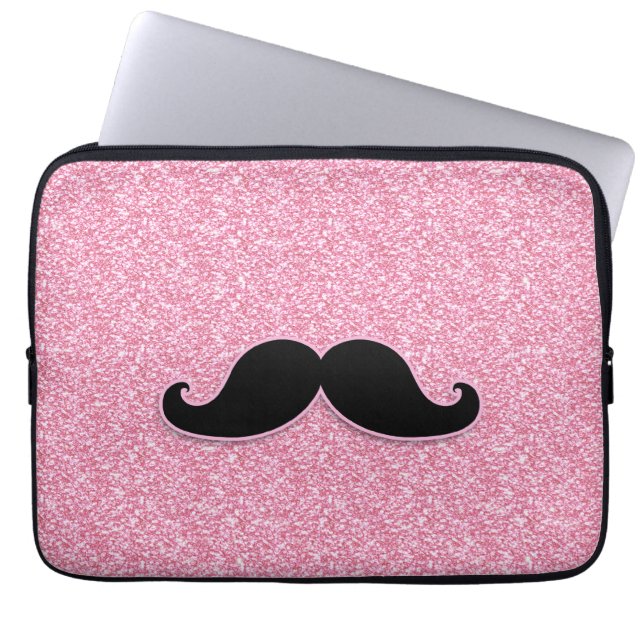 FLICKAKTIGT SVART UTSKRIVAVET MUSTASCHROSAGLITTER LAPTOP SLEEVE (Framsidan)