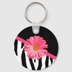 Flickaktigt zebra mönstrad gullig rosa daisy med nyckelring