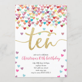 Flickan 10:e födelsedagen Hearts Confetti Rainbow  Inbjudningar