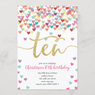 Flickan 10:e födelsedagen Hearts Confetti Rainbow Inbjudningar