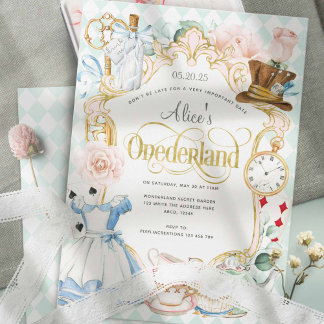 Flickan 1:a födelsedag Alice's Onederland Tea part Inbjudningar