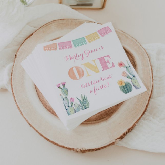 Flickan 1:a födelsedagen Party, Taco om en första  Pappersservett (Mexican fiesta 1st birthday theme for baby girl with cactus and colorful papel picado)