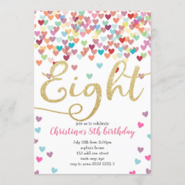 Flickan 8:e födelsedagen Hearts Confetti Rainbow G Inbjudningar