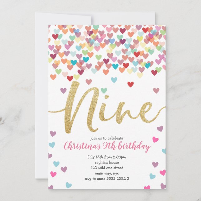 Flickan 9:e födelsedagen Hearts Confetti Rainbow G Inbjudningar (Framsida)
