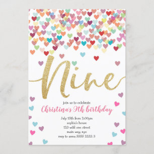 Flickan 9:e födelsedagen Hearts Confetti Rainbow G Inbjudningar