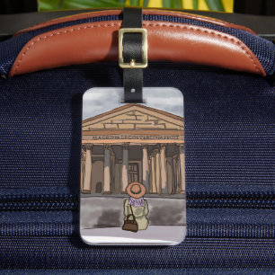 Flickan är sitta framsida av Pantheon i Rom. Bagagebricka
