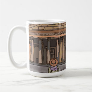 Flickan är sitta framsida av Pantheon i Rom. Kaffemugg