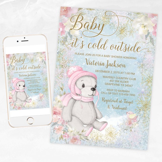 Flickan Baby sitt Kall utanför babyutställningen Inbjudningar (Girl winter bear baby shower invitation. Girl winter wonderland baby shower invitation. )