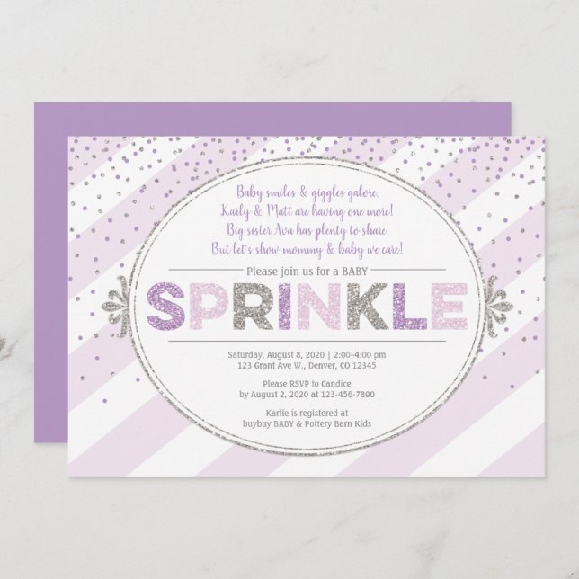 Flickan baby sprinkle inbjudan lila silver glitter (Fram/baksida)