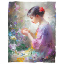 Flickan beundrar en blomma i hennes händer