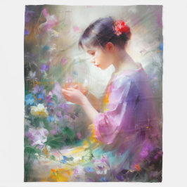 Flickan beundrar en blomma i hennes händer fleecefilt