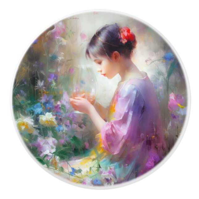 Flickan beundrar en blomma i hennes händer knopp (Framsidan)