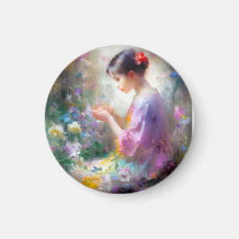 Flickan beundrar en blomma i hennes händer magnet