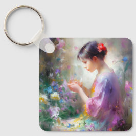 Flickan beundrar en blomma i hennes händer nyckelring