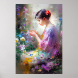 Flickan beundrar en blomma i hennes händer poster