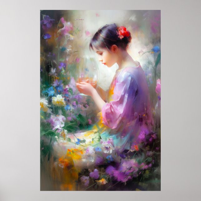 Flickan beundrar en blomma i hennes händer poster (Framsidan)