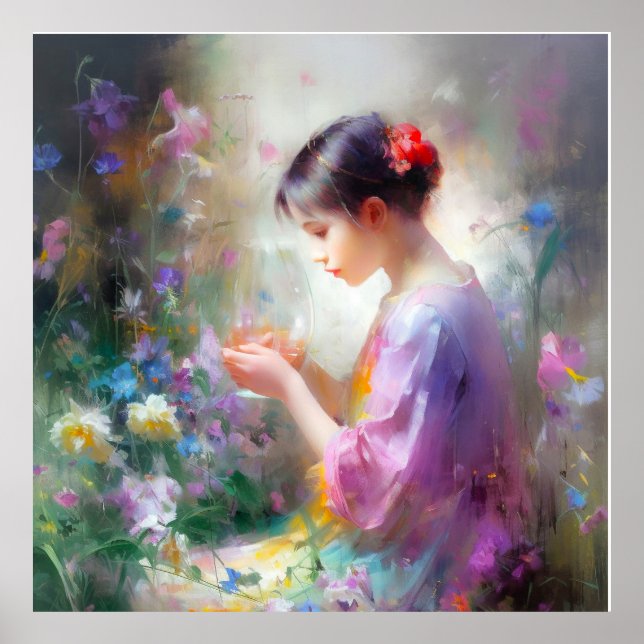 Flickan beundrar en blomma i hennes händer poster (Framsidan)