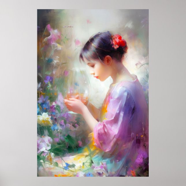 Flickan beundrar en blomma i hennes händer poster (Framsidan)