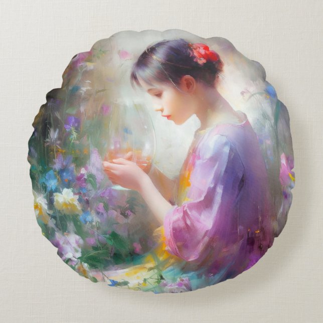 Flickan beundrar en blomma i hennes händer rund kudde (Framsidan)