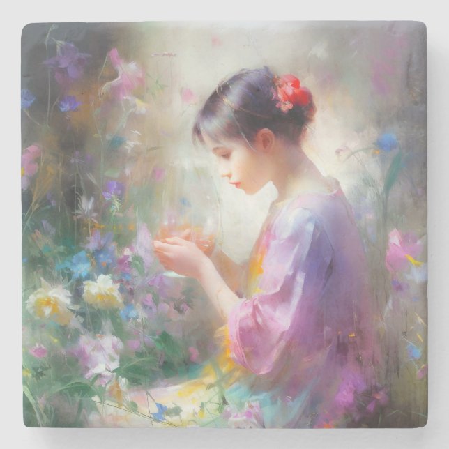 Flickan beundrar en blomma i hennes händer stenunderlägg (Framsidan)