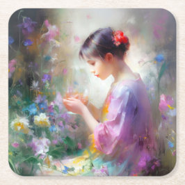 Flickan beundrar en blomma i hennes händer underlägg papper kvadrat