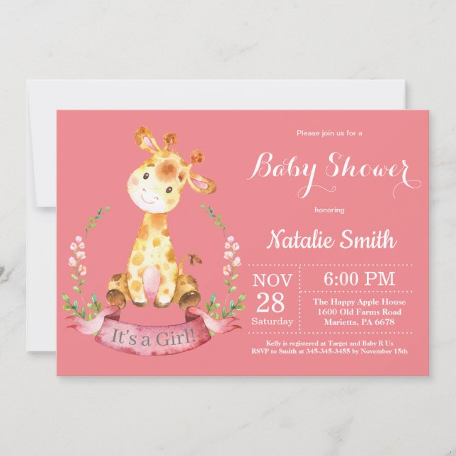 Flickan Giraffe Baby Shower-inbjudan Inbjudningar (Framsida)