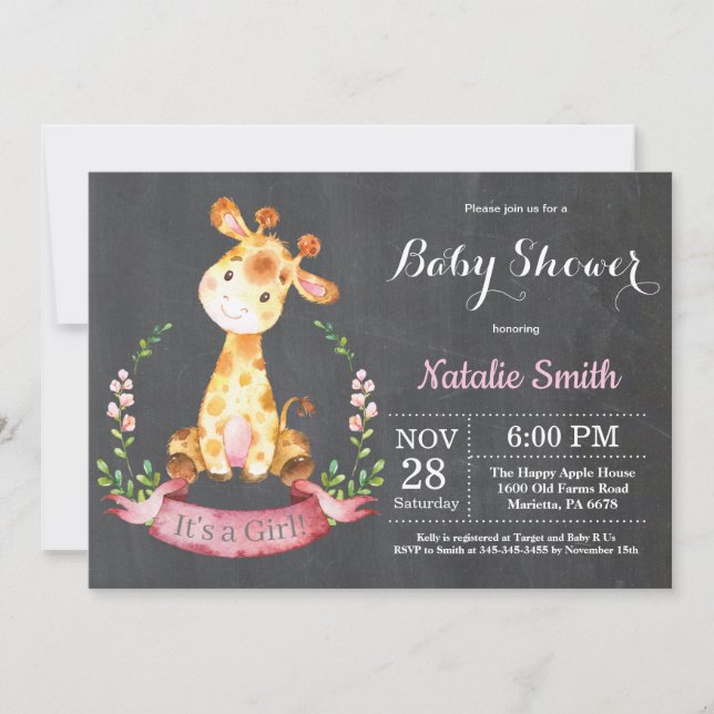 Flickan Giraffe Baby Shower Inbjudningskalkboard Inbjudningar (Framsida)