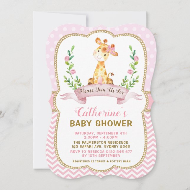 Flickan Giraffe Baby Shower Rosa & Guld inbjudan (Framsida)