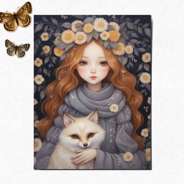 Flickan hugger en röd räv.. vykort (Whimsical Art - Little Girl with a Red Fox, a cute postcard design for lovers of fantasy and animals)