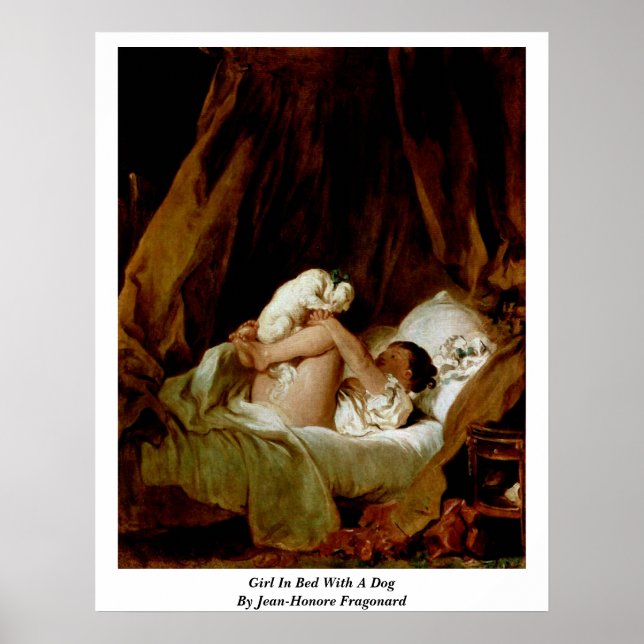 Flickan i bed med en Hund av Jean-Honore Fragonard Poster (Framsidan)