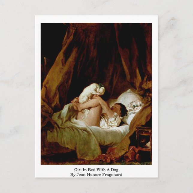 Flickan i bed med en Hund av Jean-Honore Fragonard Vykort (Framsida)