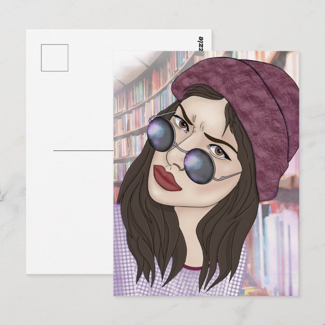 Flickan i bibliotek vykort (Fram/baksida)