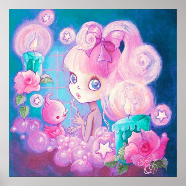 Flickan i Bubblebadet med ljus och Ro Poster (Framsidan)