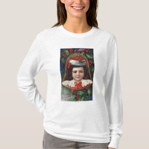 Flickan i den Santa hatten sätta en klocka på in T-shirt