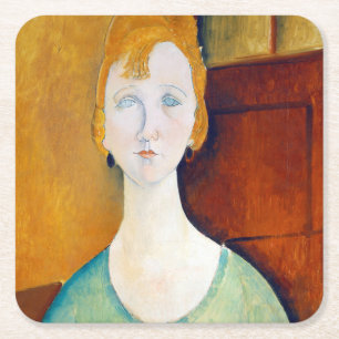Flickan i en Grönt Blouse, Modigliani Underlägg Papper Kvadrat