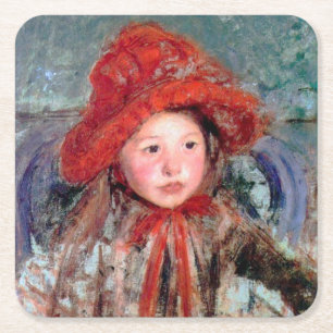 Flickan i en stor rödhatt, Mary Cassatt Underlägg Papper Kvadrat