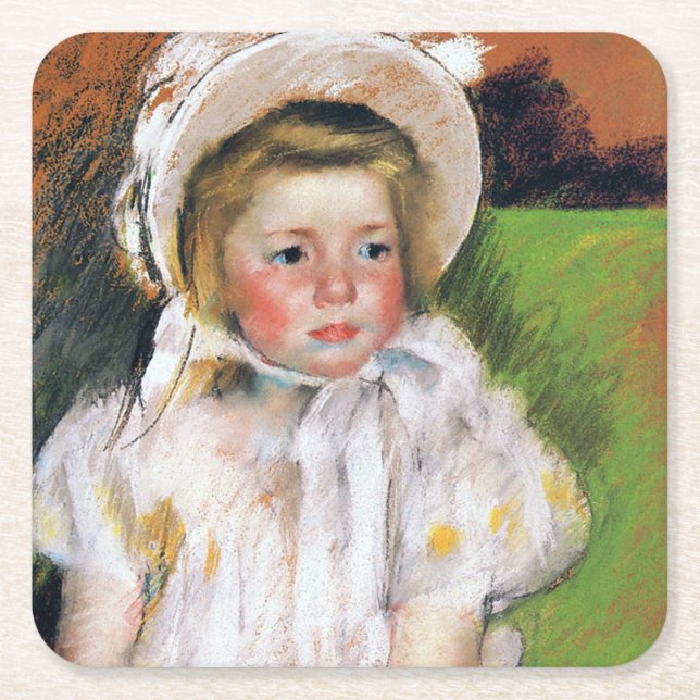 Flickan i en vit Bonnet, Mary Cassatt Underlägg Papper Kvadrat (Framsidan)