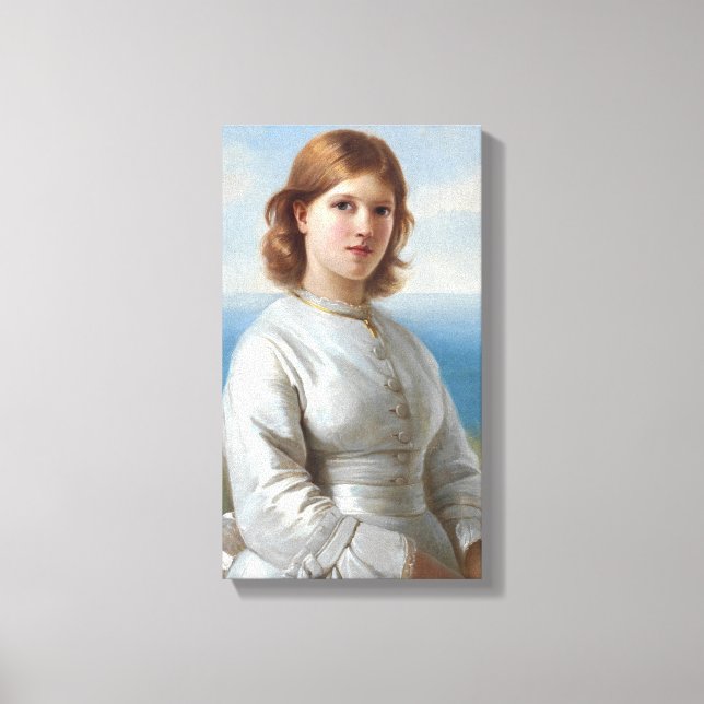 Flickan i en vit Silke-klänning för Heliga-samfund Canvastryck (Framsida)