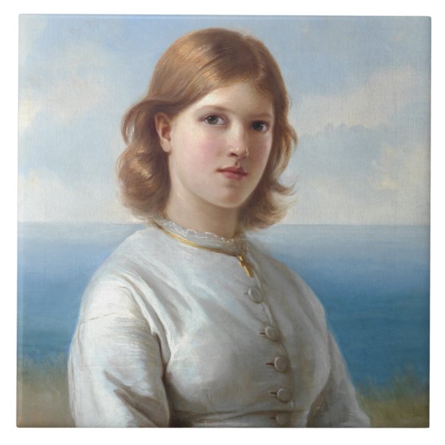 Flickan i en vit Silke-klänning för Heliga-samfund Kakelplatta (Framsidan)