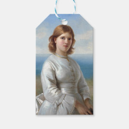 Flickan i en vit Silke-klänning för Heliga-samfund Presentetikett