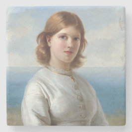 Flickan i en vit Silke-klänning för Heliga-samfund Stenunderlägg