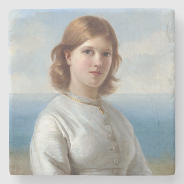 Flickan i en vit Silke-klänning för Heliga-samfund Stenunderlägg (Framsidan)