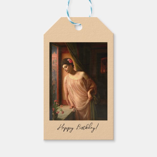 Flickan i fönstret av Edward John Poynter Presentetikett (Framsidan)