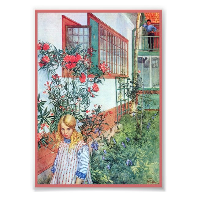 Flickan i Garden med Röda blommor Fototryck (Framsidan)
