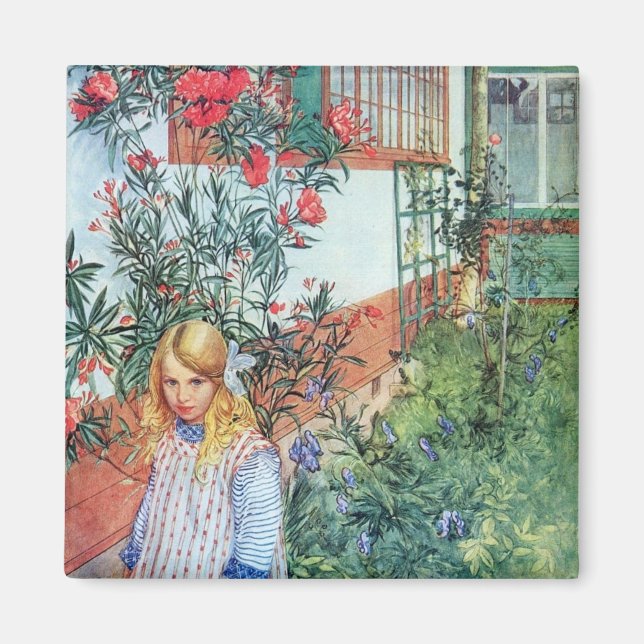 Flickan i Garden med Röda blommor Magnet (Framsidan)