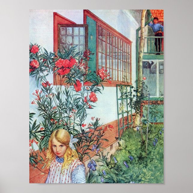 Flickan i Garden med Röda blommor Poster (Framsidan)