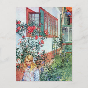 Flickan i Garden med Röda blommor Vykort