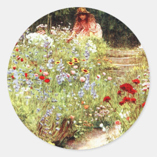 Flickan i Garden Painting Sticker Runt Klistermärke